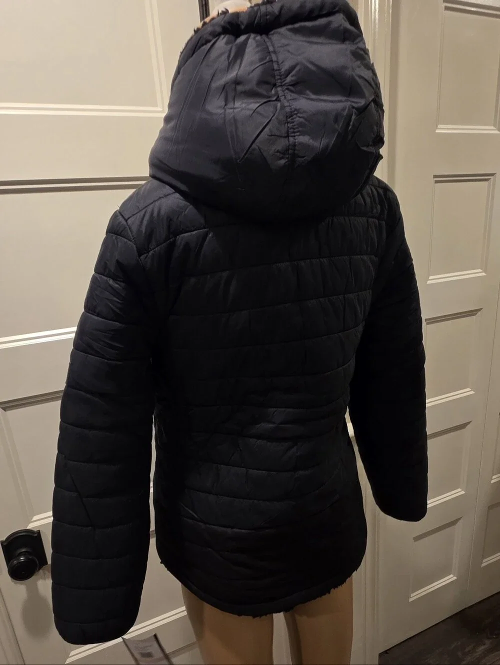 London Fog Kids Reversible Hooded Puffer Jacket Black Sherpa Youth M 10/12 NWT